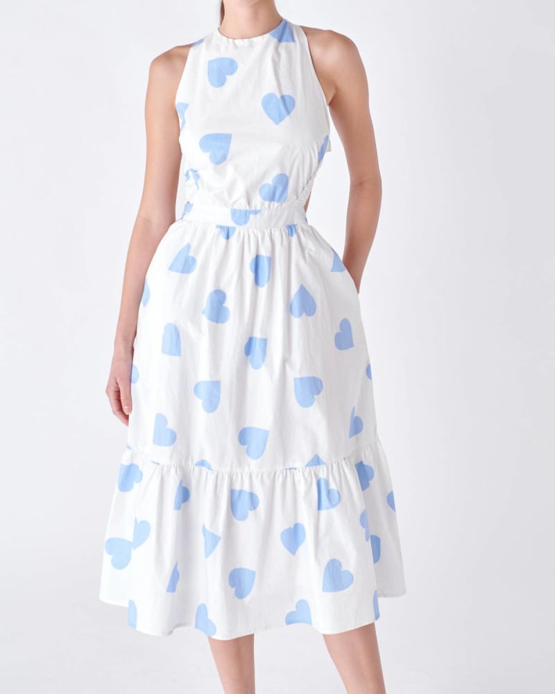 Front of a model wearing a size L All My Love Midi Dress in White/Blue in White/Blue by English Factory. | dia_product_style_image_id:339245